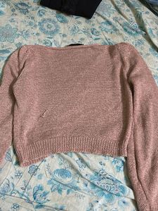 Blush Breeze Pink Netted Wool Top – Sheer Long Sle