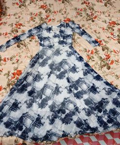 Blue & White Abstract Print Long Sleeve Maxi Dress