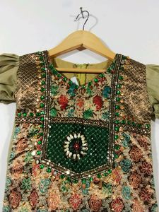 Olive Green Printed Dress Set (Girls)