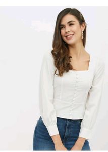 White Square Neck Button-Down Blouse