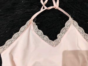 Pink Halter Neck Lace Fem Fitted Top
