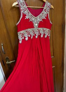 Red Flared Gown/Dress With Heavy Embroidery