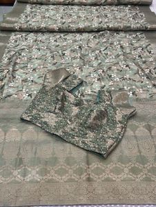 Sage Green Floral Banarasi Saree with Blouse- New