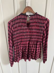 Plaid Ruffle Neck Long Sleeve Top By Only