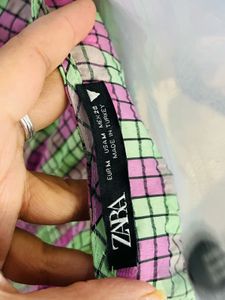 Zara Branded Plaid Puff Sleeve Midi Dress