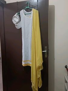 White And Yellow Suit Set With Dupatta
