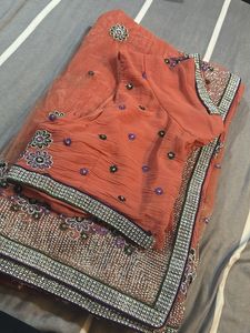Embroidered Orange Saree