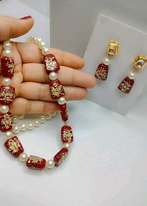 Maroon &amp; Pearl Beaded Necklace and Earring Set
