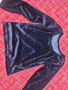 Navy Blue Velvet Full Sleeves Top