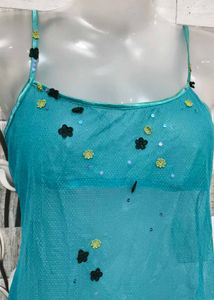 Teal Embellished Spaghetti Top