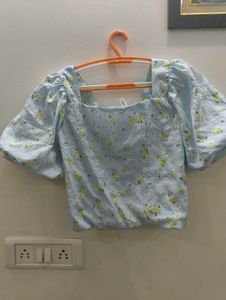 Light Blue With Yellow And Green Flower Print