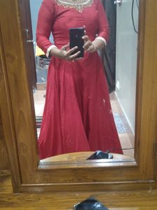 RED ANARKALI FLARED GOWN WITH EMBROIDERED DOPATTA