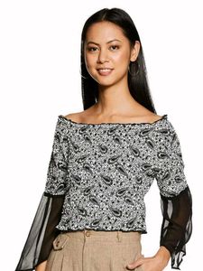 Paisley Print Off Shoulder Crop Tee