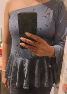 Grey And Glittery Self Designed One Shoulder Top