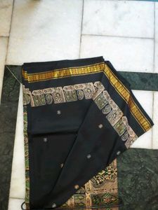 Gold Printed  Black Saree In Viscos Bentex