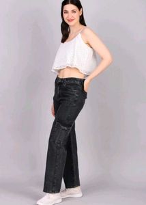 Wide Leg Black Denim Cargo Jeans