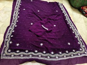 Purple 💜 Saree With White 🤍 Stone Work