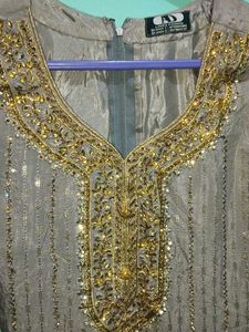 Gray & Gold Embroidered Asian Dress