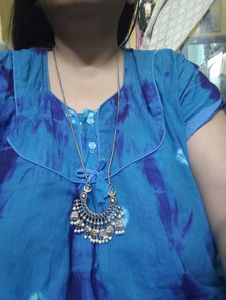 Silver Replica Long Pendant Set With Green Stones