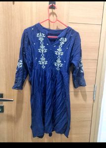 Blue Embroidered Dress/Kurta with adjustable waist