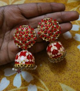 Red Floral Jhumka Earrings