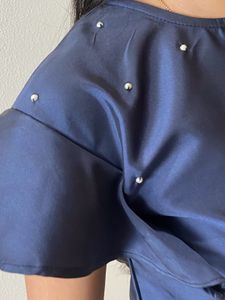 Elegant Navy Blue Pearl Embellished Top with Ruffl