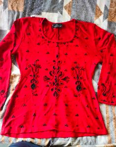 Red Beaded Long Sleeve Top
