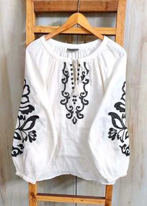 Black Embroidered Peasant Top size-44