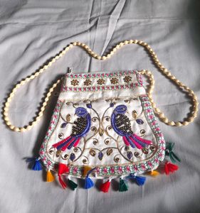 Ethnic Women White Slingbag Trendy Parrot Design👜