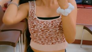 Beige &amp; Maroon Knit Crop Top with Patterned Design