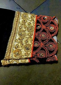 New Orange &amp; Black Embroidered Saree With Blouse