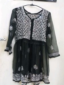 Black Mirror Work Chikankari Short Kurti