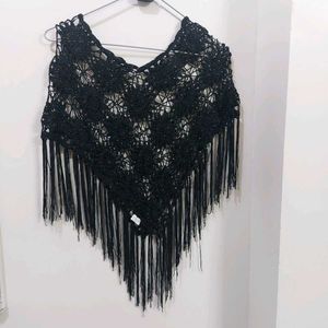 Black Crochet Fringe Poncho
