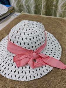 Stylish White Sun Hat with Pink Ribbon for Girls