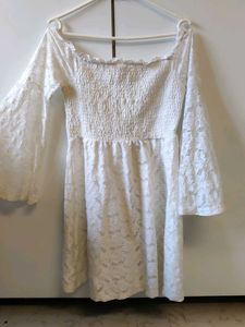 White Lace Bell Sleeve A-Line Dress