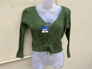 Green Ribbed Lace-Up Top