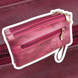 &#34;Vintage Maroon Pouch Bag with Multiple Zippers