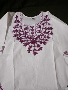 Very Elegant White Short Kurta Purple Embroidery