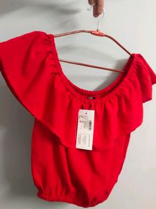 Red Solid Crop Bardot Top