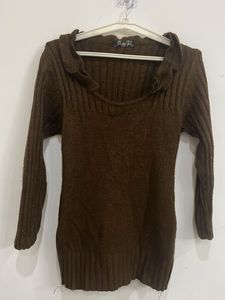 Brown Ruffle Neck Knit Top