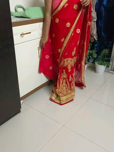 Red &amp; Gold Embroidered Lehenga Saree