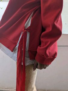 Red&amp;White Casual Sweat Shirt With Red Ties - L