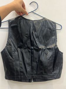 Black Faux Leather Cropped Vest
