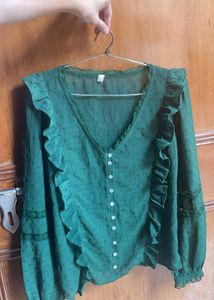 Self Design Green Ruffle Top