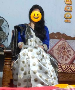 Elegant White Embroidery Saree with Blue Border