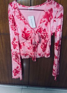 Floral Print Tie Front Bell SleeveMesh Crop Top
