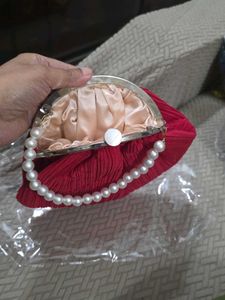 Red Potli Clutch With Pearl Handle - medium