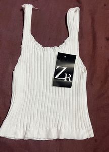 Zara White Ribbed Tank Top Free Size