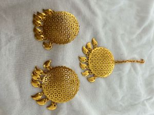 Golden Earrings And Maangtika Set