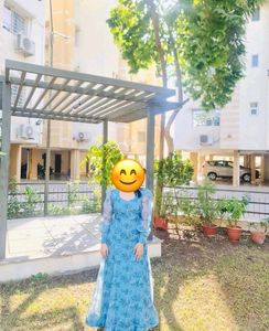 Sea Blue Flared Balloon Sleeves Dress